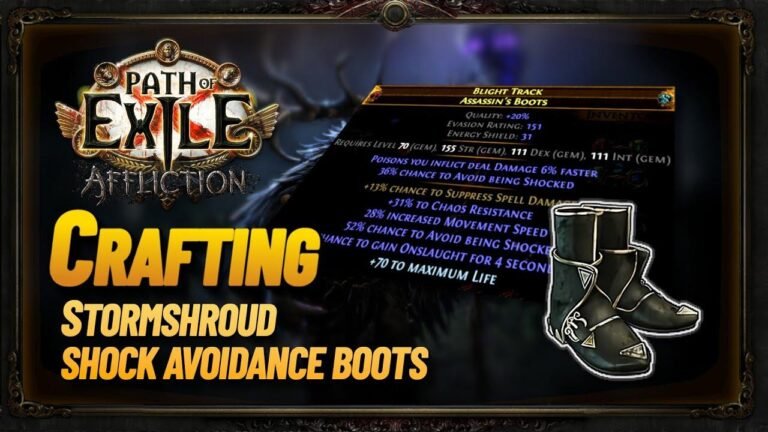 New in Path of Exile 3.23: Crafting boots to avoid shock with Stormshroud. Craft shock avoidance boots in PoE 3.23.