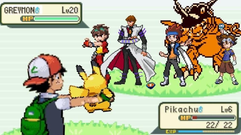 “Pokémon battles Pokemon-like characters in “Ash vs Kaiba, Tai, Gingka, and Dan Kuso”.