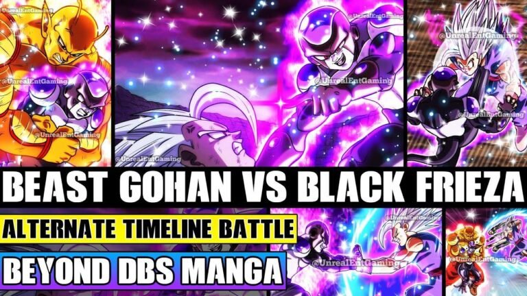 Gohan from Universe 15 battles Black Frieza in an alternate timeline beyond Dragon Ball Super.