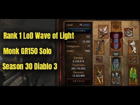 Diablo 3 Season 30: Wave of Light LoD Monk GR150 Solo – Rank 1 in the Leaderboard.