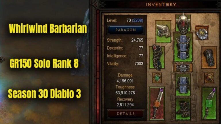 Ranked 8th in solo GR150 as a Season 30 Whirlwind Barbarian in Diablo 3.