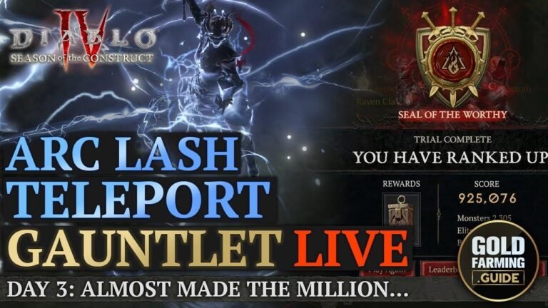 Diablo IV: Gauntlet Arc Lash Teleport Sorc Pushes for 1 Million Points. The best score so far is 925k. Check the description for a guide.
