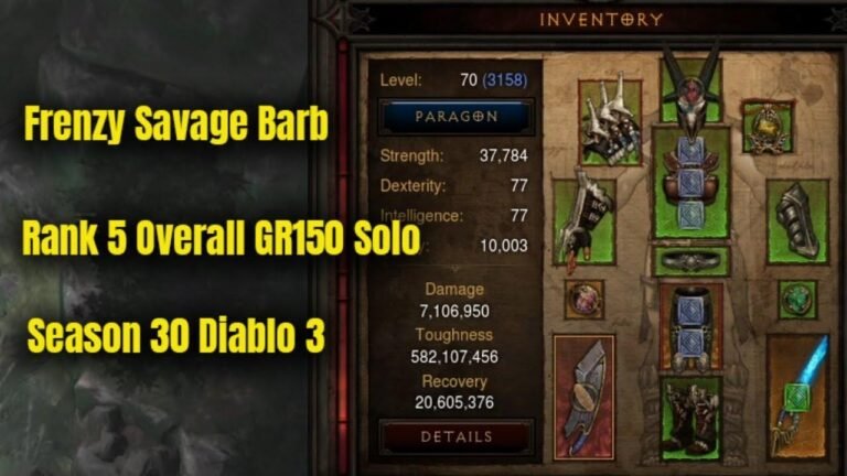 Rang 5 in Saison 30 für den Barbaren der Raserei, der in Diablo 3 insgesamt eine Solostufe von 150 in der Großen Kluft erreicht hat.