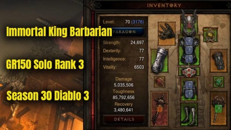 Rank 3 Immortal King Barbarian solo clears GR150 in Season 30 of Diablo 3.