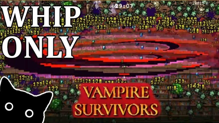 Vampire Survivors gameplay featuring the broken Whip-only challenge. It’s a real struggle!