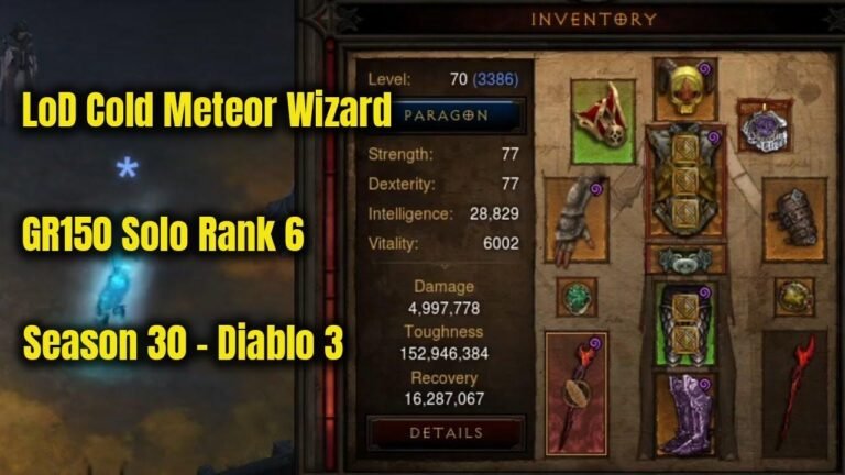 Diablo 3: Season 30 LoD Cold Meteor Wizard achieves solo GR150, ranking 6th.
